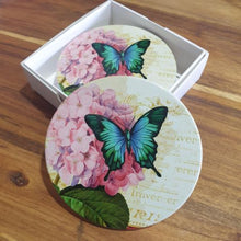 Load image into Gallery viewer, Butterfly Pink Flower Blue Butterfly Coasters | Set Of 4 Ceramic Boxed Gift