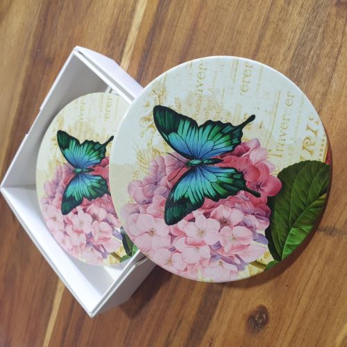 Butterfly Pink Flower Blue Butterfly Coasters | Set Of 4 Ceramic Boxed Gift