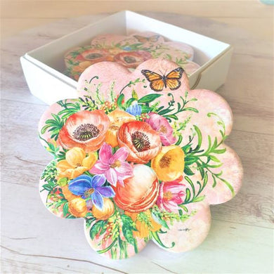 Our beautiful coasters are the perfect gifts to brighten up any table, kitchen or bar area.   These stunning garden butterfly coasters are the perfect gifts.  Quality ceramic | Flower shaped | Diameter 11 cm | White gift box with lid | Set of 4 same design | Pattern and colours as shown in photo | Glossy finish | Cork non slip backing 