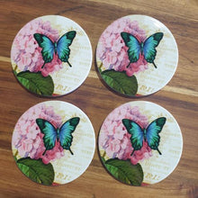 Load image into Gallery viewer, Butterfly Pink Flower Blue Butterfly Coasters | Set Of 4 Ceramic Boxed Gift