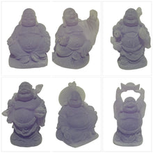 Load image into Gallery viewer, Buddhas - Lucky Set Of Six Small Ornament / Statues - Abundance, Good Health Wealth.  Our beautiful set of 6 purple resin mold ( stone look ) statue&#39;s are the perfect gift for your home or office.  Bring good health, wealth, luck and balance into your home with a little Feng Shui.   Six different small statues - Resin stone finish  - Purple in colour - average size of statues are 5cm high.