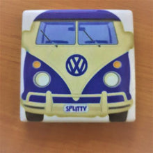 Load image into Gallery viewer, Kombi Splitty Magnet - The perfect gift for any Kombi lover or collector.  We have a great range of Kombi giftware - signs - coasters - trivets &amp; keychains.   5.5 x 5.5 cm | Ceramic | Glossy finish | Magnetic backing | Purple &amp; White | Come&#39;s in organza hippy tribal cotton organza gift bag. 