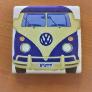 Kombi Splitty Magnet - The perfect gift for any Kombi lover or collector.  We have a great range of Kombi giftware - signs - coasters - trivets & keychains.   5.5 x 5.5 cm | Ceramic | Glossy finish | Magnetic backing | Purple & White | Come's in organza hippy tribal cotton organza gift bag. 