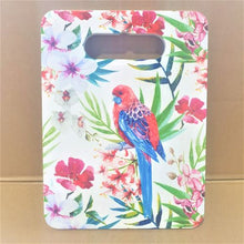Load image into Gallery viewer, This stunning rosella parrot design is also available in our beautiful coasters, serving tray &amp; trivet.  Save when you buy the full set of 4. The perfect gifts to brighten up any table or kitchen area.  Lovers of Australian birds will adore this collection.  Ceramic | Cheese board | Serving board | Length 18.3 cm | Height 24 cm | Gloss finish | Cork backing. 