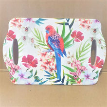 Load image into Gallery viewer, Our beautiful Australian rosella parrot design is the perfect gift for bird lovers. Brighten up any table or kitchen area with this beautiful serving tray.  Quality ceramic serving board | Cork non slip backing | 18 x 28 cm | Glossy finish | Two handles to help serve.  This beautiful design is also available in matching coasters, cheese board &amp; trivet.