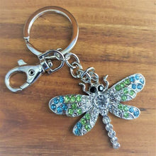 Load image into Gallery viewer, Dragonfly Keyring Gift | Colourful Rhinestone Silver Dragonfly Bag Chain