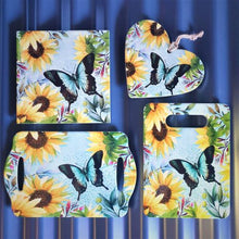 Load image into Gallery viewer, Butterflies &amp; Sunflowers | Ceramic Kitchen Set | Cheeseboard Serving Tray Trivet Hanging Heart
