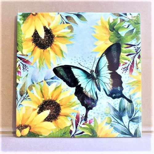 Butterfly & Sunflowers | Kitchen Bench Ceramic Trivet | Vibrant Garden Image