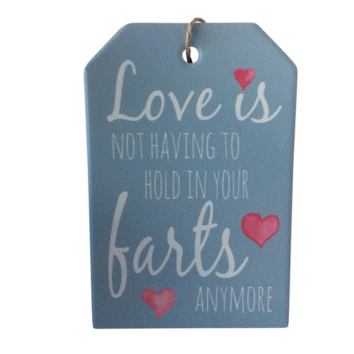 Love is not having to hold in your farts anymore funny ceramic hanging plaque sign. Give a gift of laughter.  10 x 15 cm - Ceramic - Cork backing - Rope hanger - Colours as shown in photo.  view our shop today for more quirky, funny gifts - Keychains & Gifts Australia.  Fart gift - Funny gift - Love and fart gift.