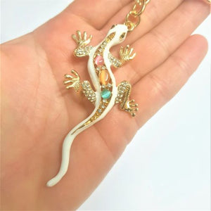 Gecko Keyring Gift | White Gecko Gold Metal Keychain | Good Fortune Gecko