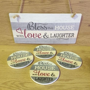 Home | Bless This House With Love & Laughter Home Gift Set | Coasters & Hanging Sign