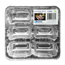 Load image into Gallery viewer, The Eazy Azz Oyster Tray avoids double handling in the kitchen, making it time efficient and convenient for oysters lovers everywhere.  They can be used in most social situations including BBQ’s, camping, events and any kitchen. After use, wash and place in the recycle bin.  12PK of our quality aluminum cooking trays, making your favorite recipes easier to cook. No mess, no loss of juices and sauce and ready to serve up in the tray.  Tray - 20 x 20 cm Depth 3 cm. Also available in 6pk &amp; 24pk 