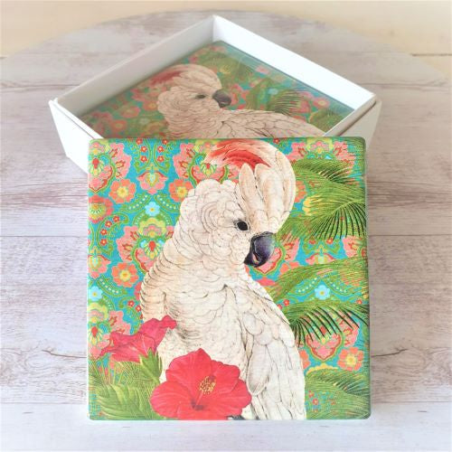 Australian Corella Cockatoo Bird | Square Ceramic Table Bar Coasters | Boxed Set Of 4