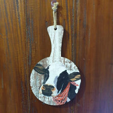Load image into Gallery viewer, This decorative wooden board features a charming cow design, perfect for any kitchen or farmhouse decor. A great gift for cow lovers, this hanging paddle sign adds a touch of rustic charm to any space. Enhance your home with this unique and functional piece.