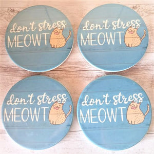 Cat Coaster Gift | Don't Stress Meowt Funny Round Ceramic Coasters | Boxed Set Of 4