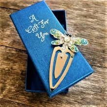 Load image into Gallery viewer, Dragonflies are truly beautiful, and dragonfly lovers will adore our dragonfly collection. Our beautiful hand made bookmarks are a truly stunning gift. Use as an everyday bookmark when ready your latest book, or bookmark your favourite recipe on your favourite book in the kitchen.  Your beautiful dragonfly will come boxed in our beautiful A Gift For You blue gift box | 6 x 14 cm | Dragonfly - Full length 9 cm | Width 6 cm | Green, silver &amp; blue rhinestones | Silver metal.