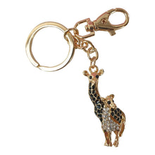Load image into Gallery viewer, Gold hand made quality Giraffe &amp; baby keyring /bag chain is the perfect gift for any Giraffe lover.  Giraffe 5 cm high - Keyring full length 13 cm - Gold &amp; Black - Comes in a beautiful organza gift bag ( colours will vary ) 
