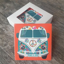 Load image into Gallery viewer, Kombi VW Coasters |  Kombi Peace &amp; Love Blue Kombi Coasters | Boxed Set Of 4