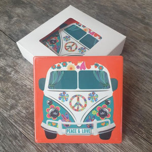 Kombi VW Coasters |  Kombi Peace & Love Blue Kombi Coasters | Boxed Set Of 4