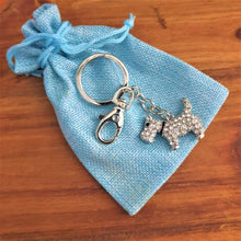 Load image into Gallery viewer, Our teeny tiny super cute mini Scottish terrier keychain is the perfect little gift for Scottish terrier lovers. Silver metal keychain - full length 10 cm | Scottish terrier 3 x 4 cm | Silver rhinestones | Hand painted black eyes &amp; collar | Come in cotton organza gift bag - colours may vary.  We have something for everyone - view our full range of gifts, Keychains &amp; Gifts Australia.