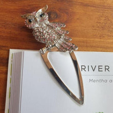 Load image into Gallery viewer, Silver metal bookmark | Owl silver &amp; light pink rhinestones | Boxed in our beautiful blue gift box ready to gift with the writing A Gift For You | Full length 10 cm  | Owl only 4 x 6.5 cm.  View our full range of beautiful gifts, we have something for everyone - Keychains &amp; Gifts Australia.