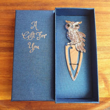 Load image into Gallery viewer, Silver metal bookmark | Owl silver &amp; light pink rhinestones | Boxed in our beautiful blue gift box ready to gift with the writing A Gift For You | Full length 10 cm  | Owl only 4 x 6.5 cm.  View our full range of beautiful gifts, we have something for everyone - Keychains &amp; Gifts Australia.