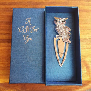 Silver metal bookmark | Owl silver & light pink rhinestones | Boxed in our beautiful blue gift box ready to gift with the writing A Gift For You | Full length 10 cm  | Owl only 4 x 6.5 cm.  View our full range of beautiful gifts, we have something for everyone - Keychains & Gifts Australia.