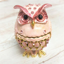 Load image into Gallery viewer, Our very popular cute pink &amp; white owl trinket.  Opens up so you can keep your most treasures rings or jewellery inside.  4.5 x 4.5 x 6.5  cm | Zinc alloy | Hand painted | Gift boxed ( colours may vary ) | Beautiful pink rhinestones.