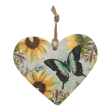 Load image into Gallery viewer, Sunflower - Sunflower Green Butterfly Hanging Heart Ceramic Plaque.  Our beautiful sunflower design is also available in coasters.  Heart shaped - 16 x 19 cm + rope hanger - Ceramic - Cork backing - Gloss finish.