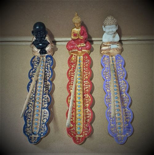 Set of 3 | Resin | Baby Buddha gold, white & purple | Thai Buddha red, gold, blue | Jolly Buddha black, gold & blue | Average length 18 cm | Average height 5 cm | Average width 4 cm | Boxed individually | Incense stick not included - only for photo purpose.