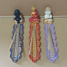 Load image into Gallery viewer, Set of 3 | Resin | Baby Buddha gold, white &amp; purple | Thai Buddha red, gold, blue | Jolly Buddha black, gold &amp; blue | Average length 18 cm | Average height 5 cm | Average width 4 cm | Boxed individually | Incense stick not included - only for photo purpose.