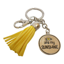 Load image into Gallery viewer, Sunshine - You Are My Sunshine Uplifting Yellow Keychain - Bag Chain - Keyring.  Metal - Yellow tassel - You are my sunshine wording disk diameter 3 cm - Full length of keychain 10.5 - Beautiful hand made uplifting gift - Comes in bright yellow matching organza gift bag. 