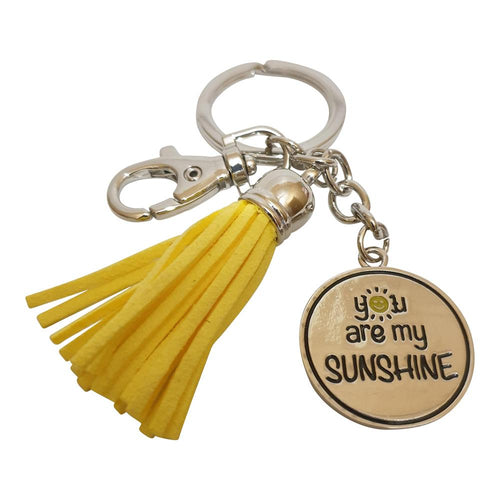 Sunshine - You Are My Sunshine Uplifting Yellow Keychain - Bag Chain - Keyring.  Metal - Yellow tassel - You are my sunshine wording disk diameter 3 cm - Full length of keychain 10.5 - Beautiful hand made uplifting gift - Comes in bright yellow matching organza gift bag. 